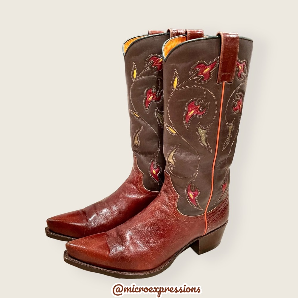 1970s VINTAGE Frye Prairie Flower Boho Brown Real Leather Western Cowboy Boots - Picture 9 of 16